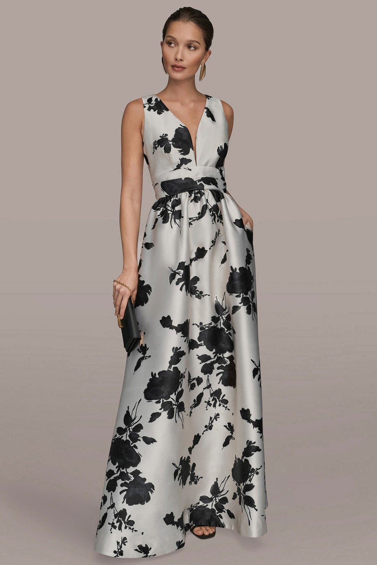 MIKADO SLEEVELESS V-NECK FLORAL GOWN - Cream/Black