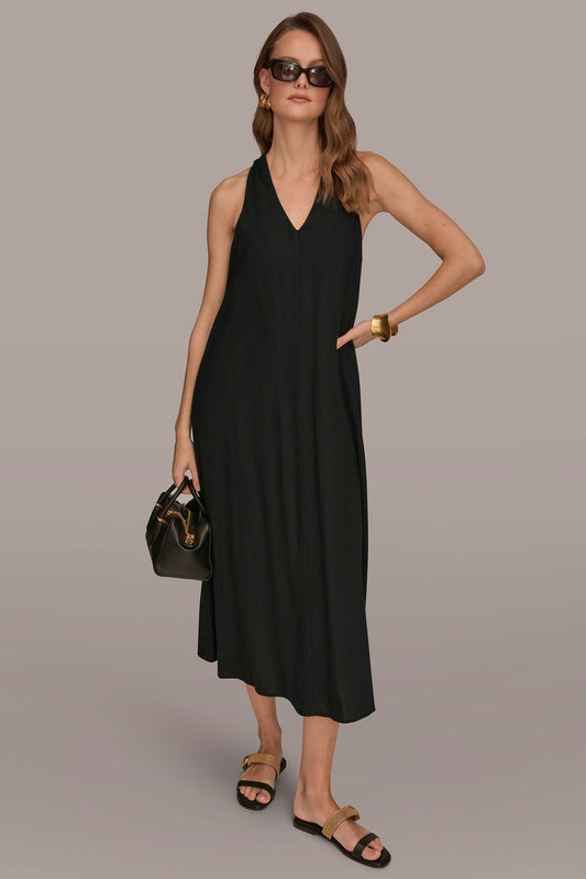 LINEN-BLEND SLEEVELESS TWIST-BACK MIDI HALTER DRESS - Black