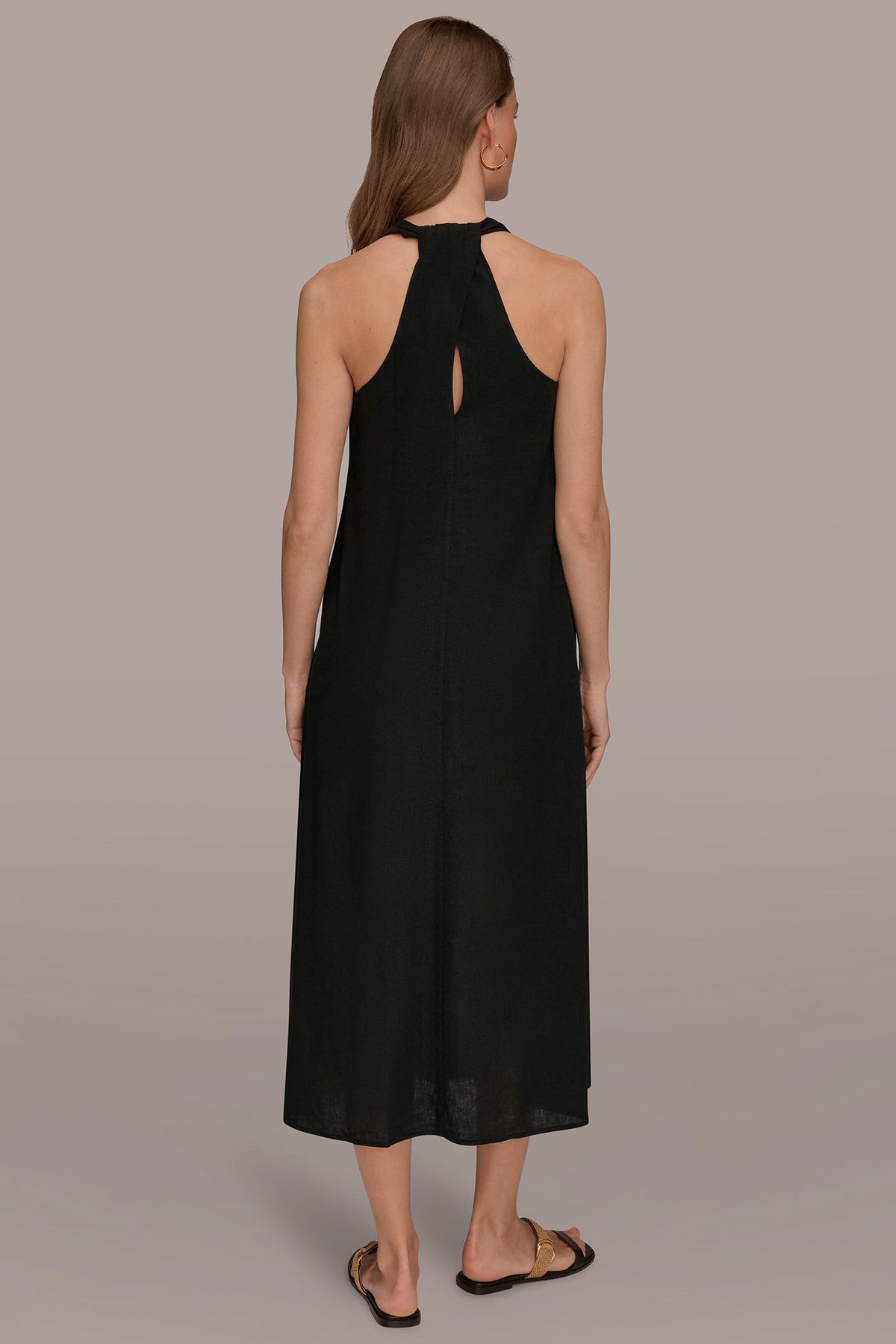 LINEN-BLEND SLEEVELESS TWIST-BACK MIDI HALTER DRESS - Black