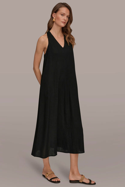 LINEN-BLEND SLEEVELESS TWIST-BACK MIDI HALTER DRESS - Black