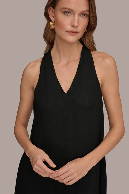 LINEN-BLEND SLEEVELESS TWIST-BACK MIDI HALTER DRESS - Black