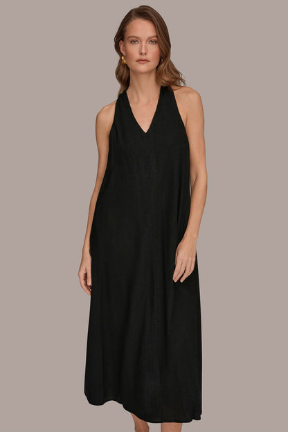 LINEN-BLEND SLEEVELESS TWIST-BACK MIDI HALTER DRESS - Black