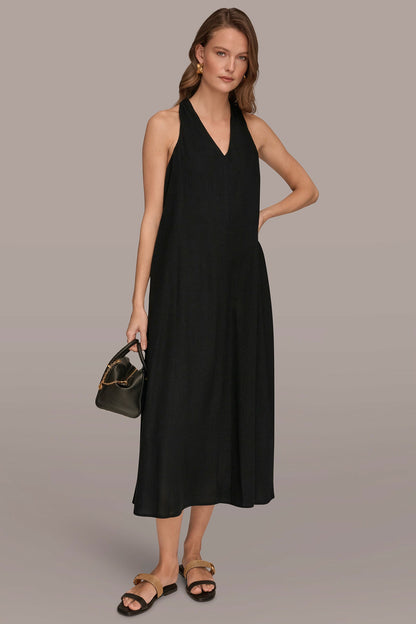 LINEN-BLEND SLEEVELESS TWIST-BACK MIDI HALTER DRESS - Black