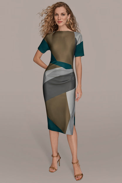 SHORT SLEEVE COLOR-BLOCK MIDI SHEATH DRESS - ANTIQUE GREEN MULTI