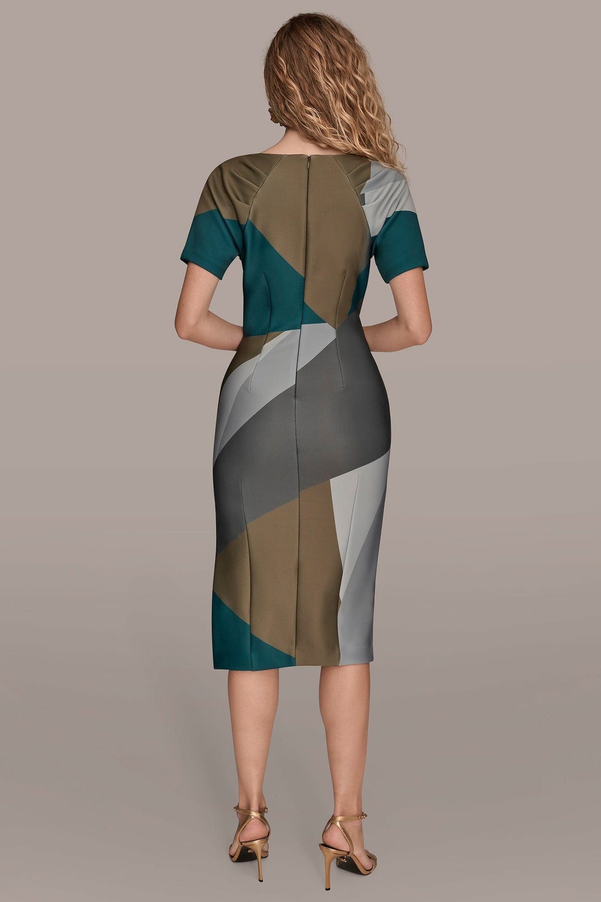 SHORT SLEEVE COLOR-BLOCK MIDI SHEATH DRESS - ANTIQUE GREEN MULTI
