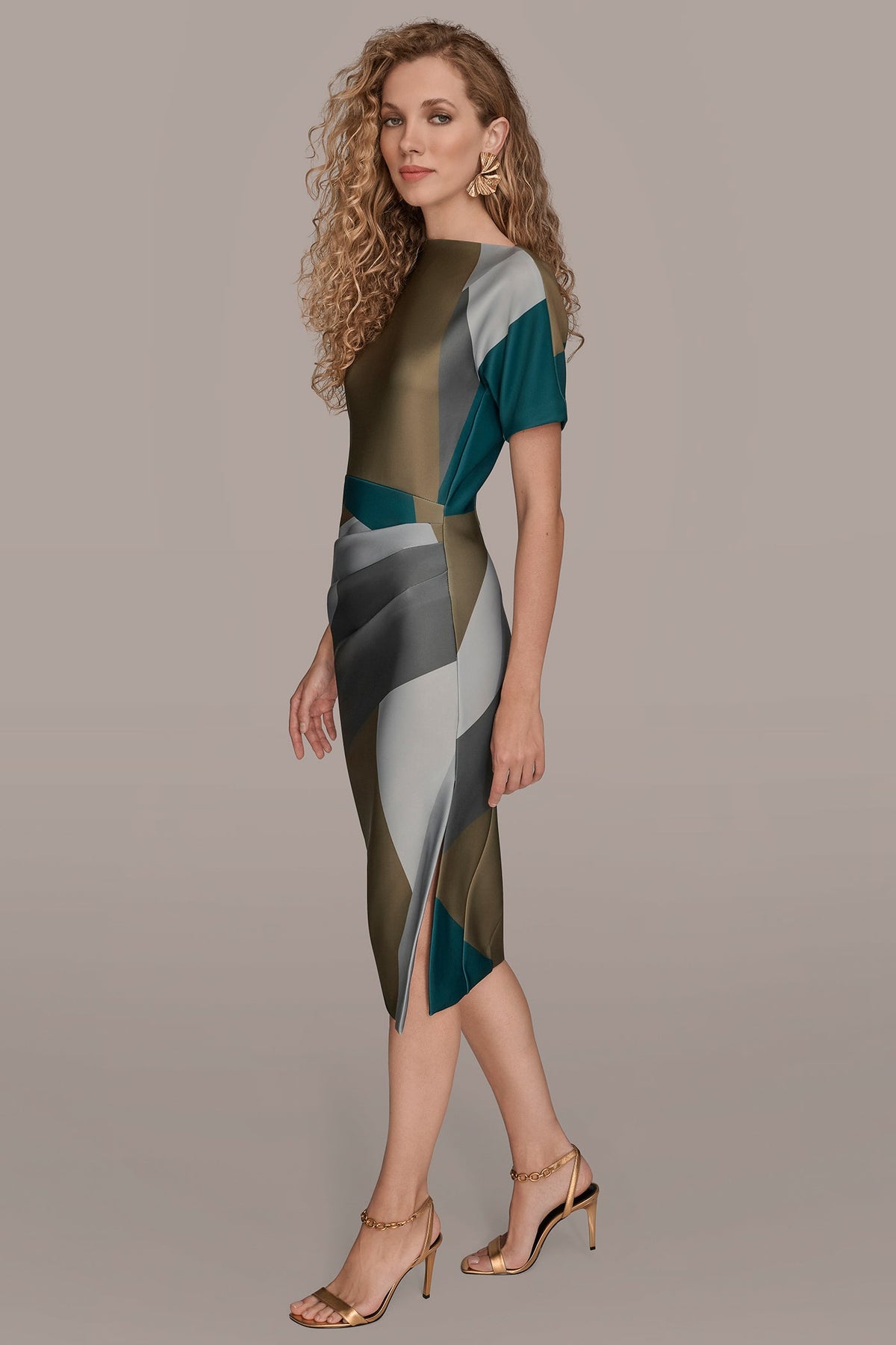 SHORT SLEEVE COLOR-BLOCK MIDI SHEATH DRESS - ANTIQUE GREEN MULTI