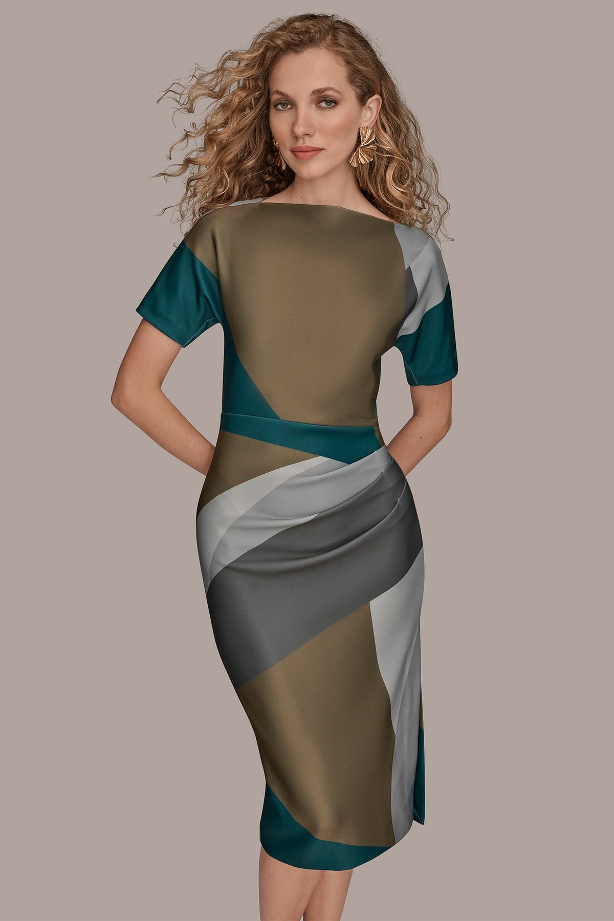 SHORT SLEEVE COLOR-BLOCK MIDI SHEATH DRESS - ANTIQUE GREEN MULTI