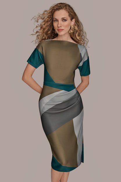 SHORT SLEEVE COLOR-BLOCK MIDI SHEATH DRESS - ANTIQUE GREEN MULTI