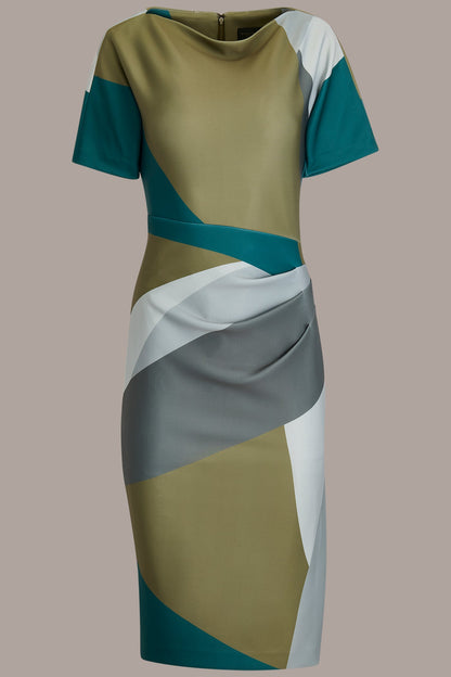 SHORT SLEEVE COLOR-BLOCK MIDI SHEATH DRESS - ANTIQUE GREEN MULTI