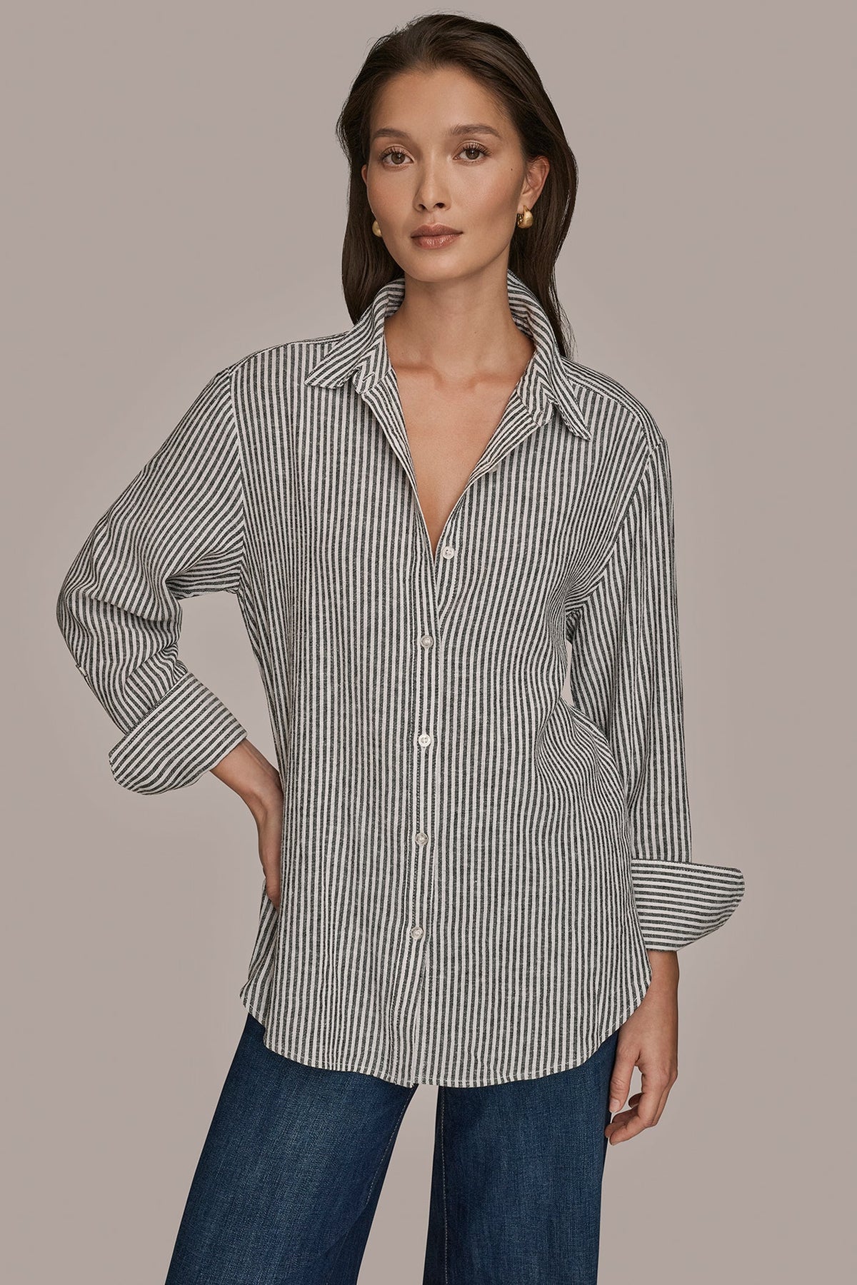 LINEN-BLEND STRIPED SHIRT - THIN WHITE/BLACK STRIPE