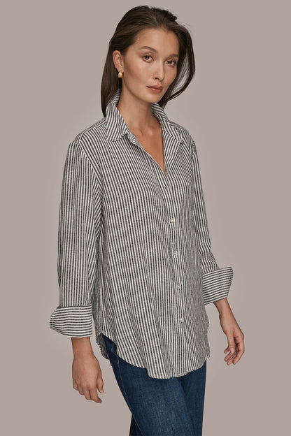 LINEN-BLEND STRIPED SHIRT - THIN WHITE/BLACK STRIPE