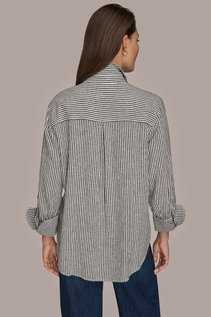 LINEN-BLEND STRIPED SHIRT - THIN WHITE/BLACK STRIPE