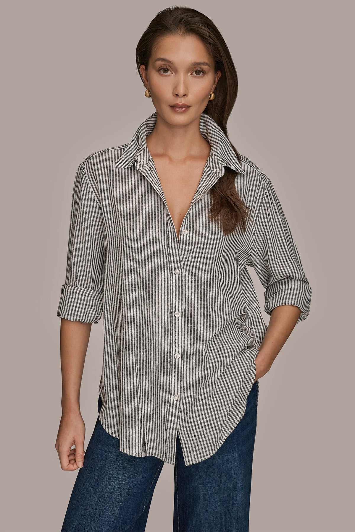 LINEN-BLEND STRIPED SHIRT - THIN WHITE/BLACK STRIPE