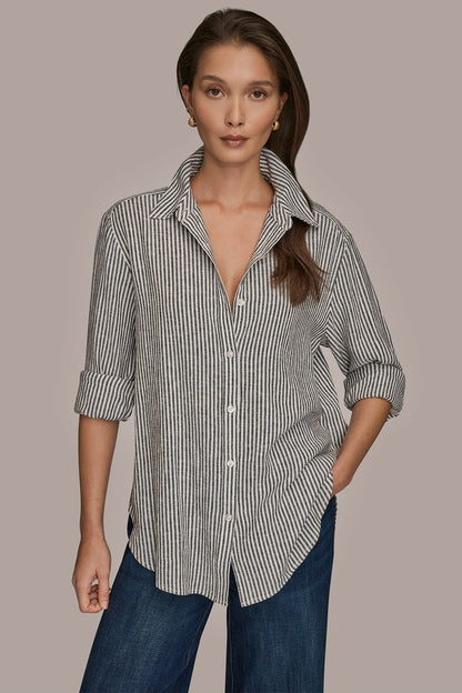 LINEN-BLEND STRIPED SHIRT - THIN WHITE/BLACK STRIPE