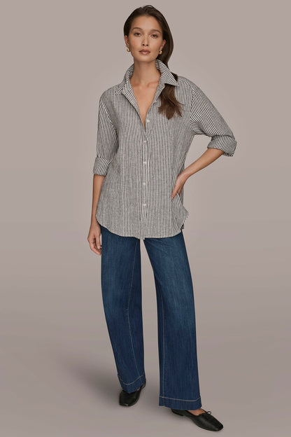 LINEN-BLEND STRIPED SHIRT - THIN WHITE/BLACK STRIPE