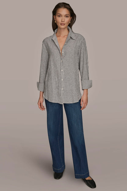 LINEN-BLEND STRIPED SHIRT - THIN WHITE/BLACK STRIPE