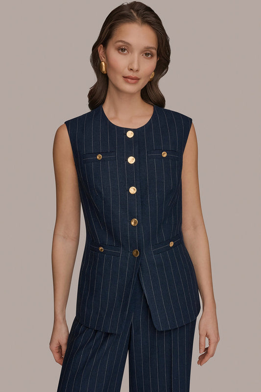 LINEN-BLEND PINSTRIPE LONGLINE VEST - Nightfall/Cream