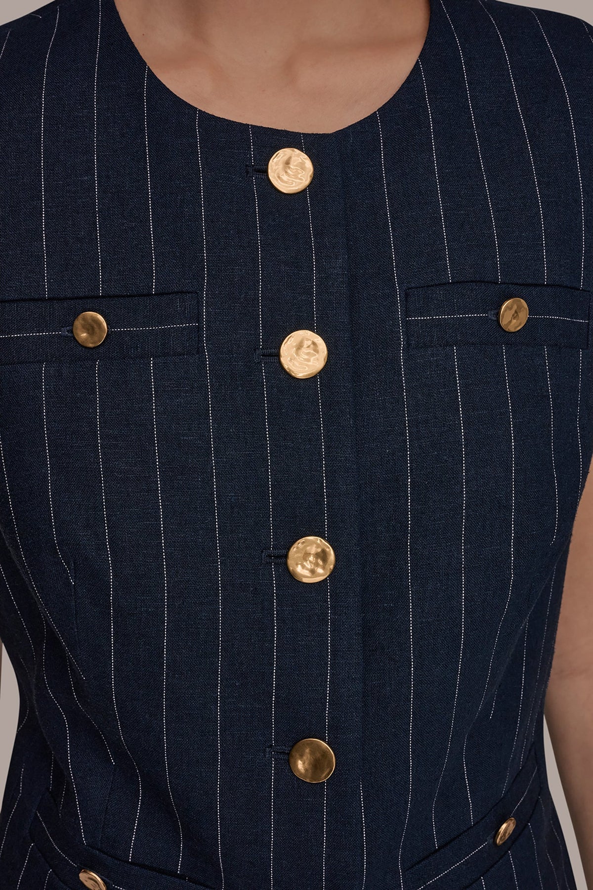 LINEN-BLEND PINSTRIPE LONGLINE VEST - Nightfall/Cream