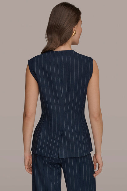 LINEN-BLEND PINSTRIPE LONGLINE VEST - Nightfall/Cream
