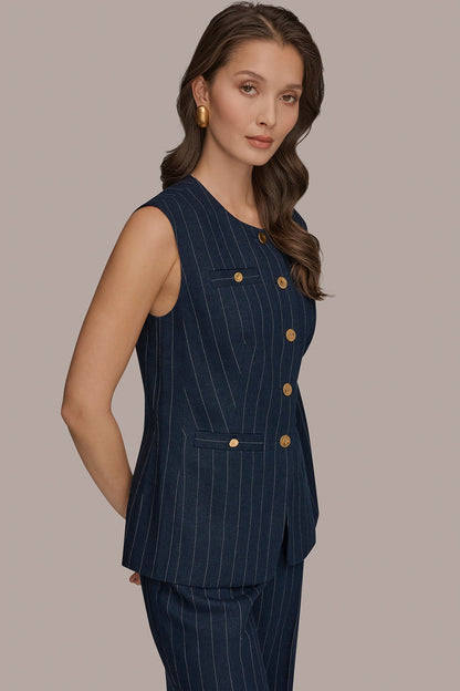 LINEN-BLEND PINSTRIPE LONGLINE VEST - Nightfall/Cream