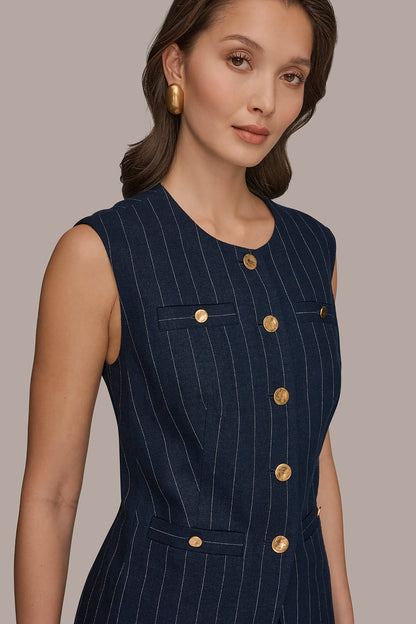 LINEN-BLEND PINSTRIPE LONGLINE VEST - Nightfall/Cream