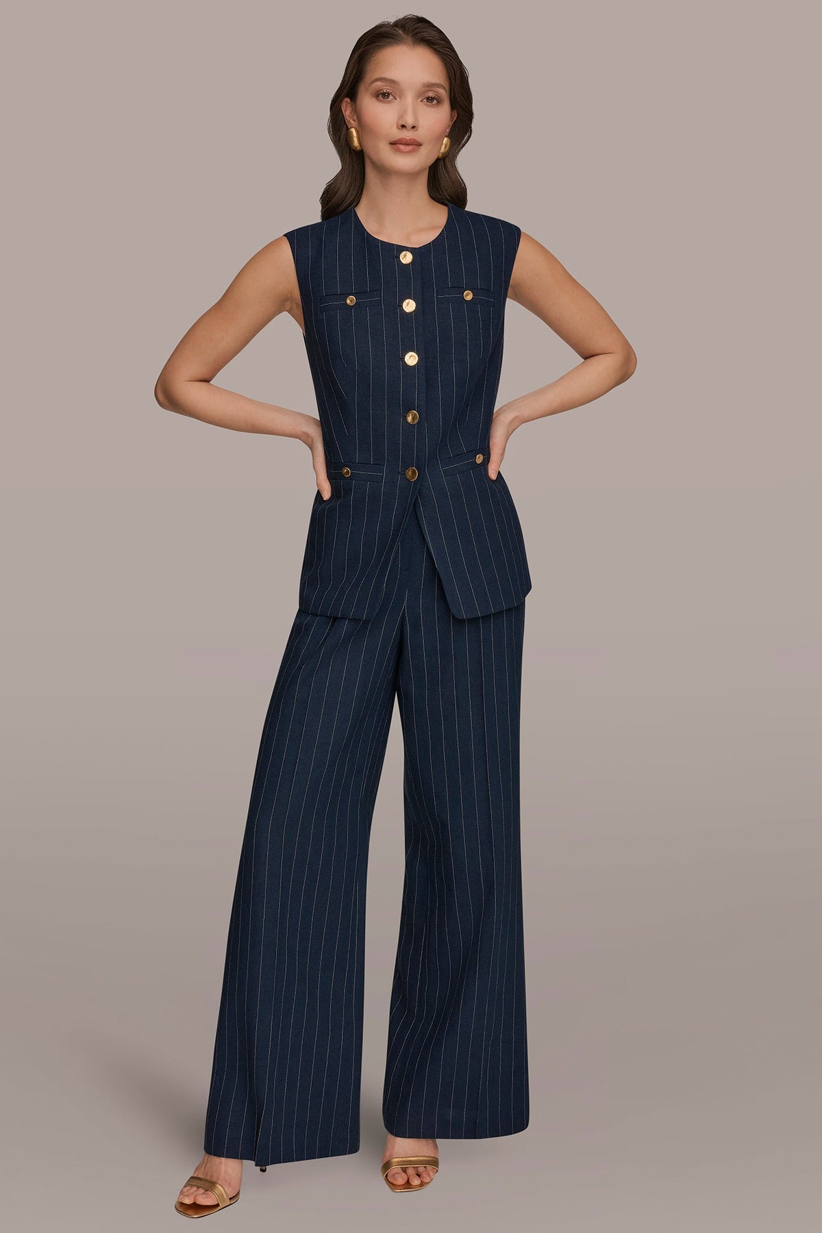 LINEN-BLEND PINSTRIPE LONGLINE VEST - Nightfall/Cream