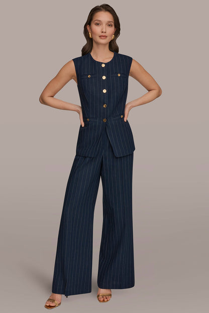 LINEN-BLEND PINSTRIPE LONGLINE VEST - Nightfall/Cream