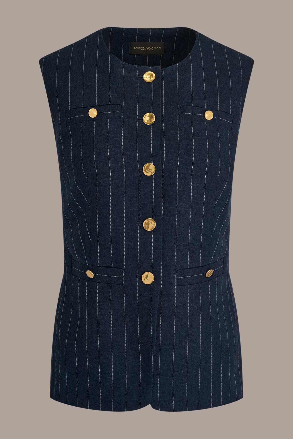 LINEN-BLEND PINSTRIPE LONGLINE VEST - Nightfall/Cream