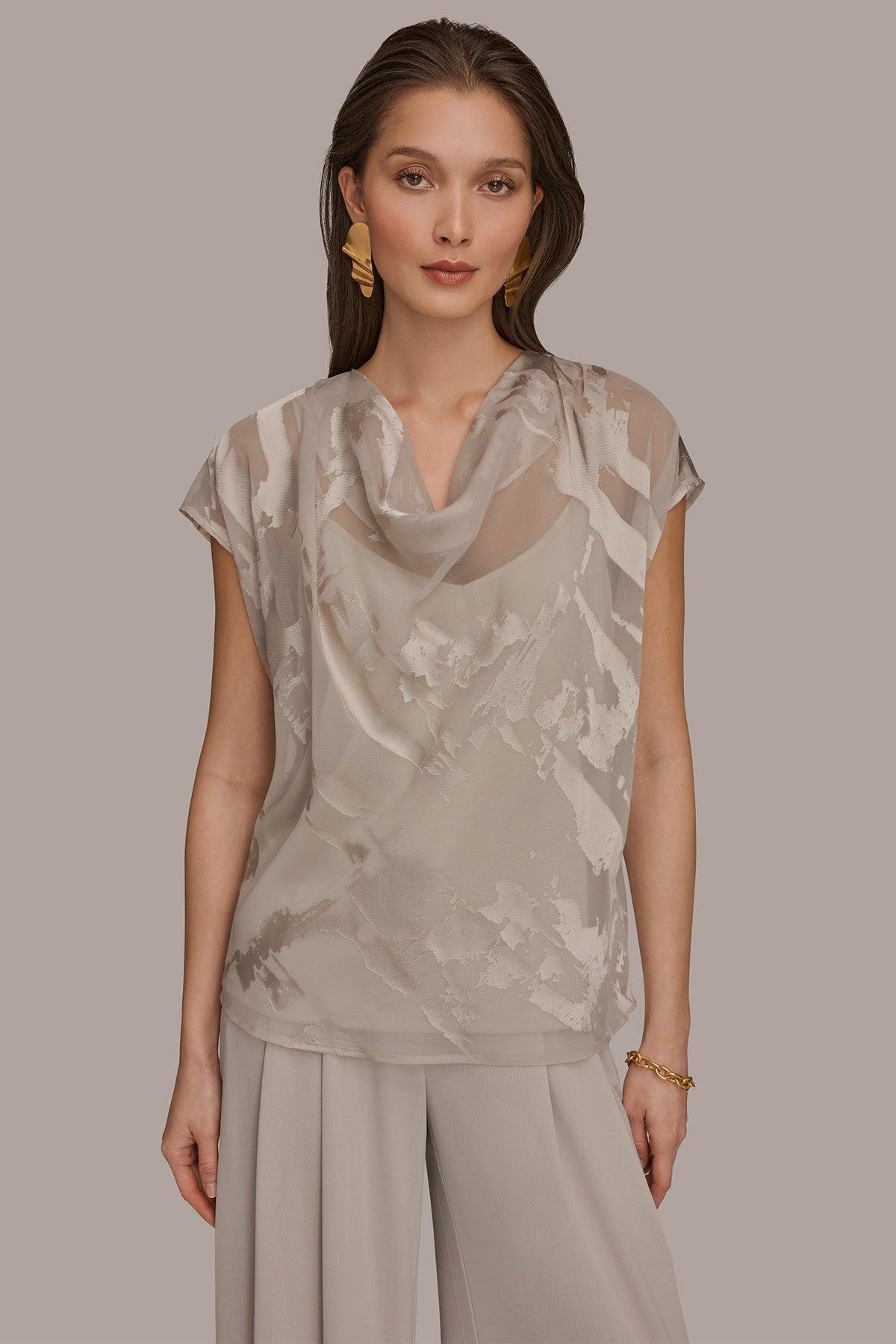 SATIN ABSTRACT BURNOUT TOP - Tuscan Grey