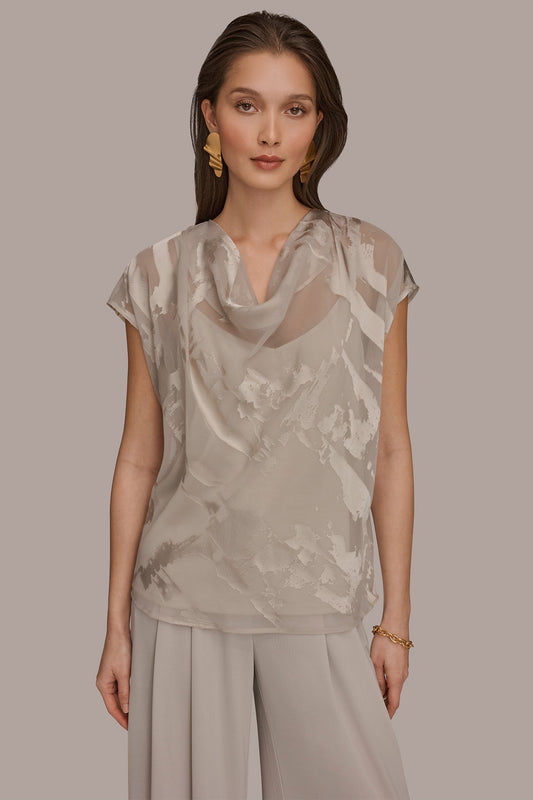 SATIN ABSTRACT BURNOUT TOP - Tuscan Grey
