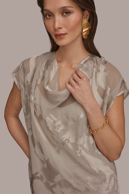 SATIN ABSTRACT BURNOUT TOP - Tuscan Grey