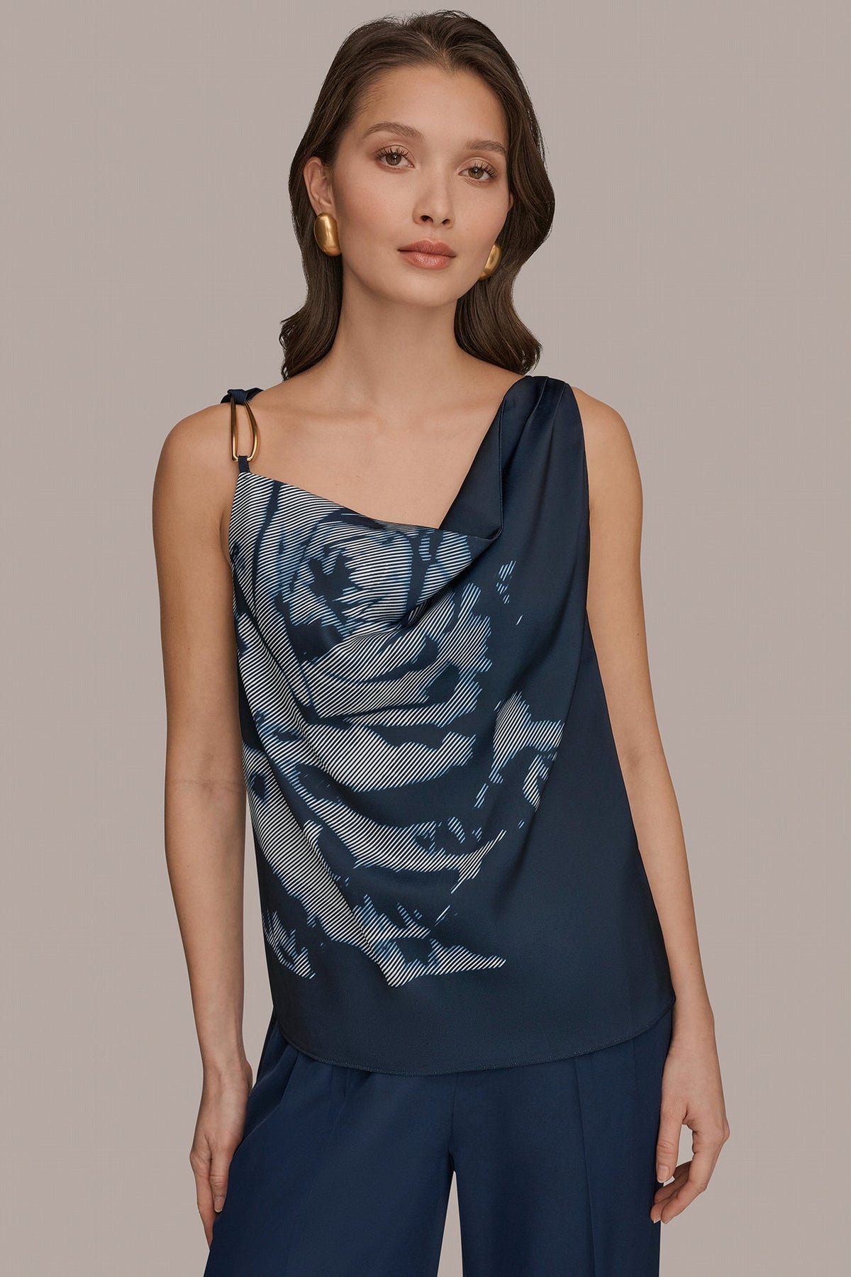 FLORAL COWL-NECK CUTOUT SHOULDER CAMI - Nightfall Multi