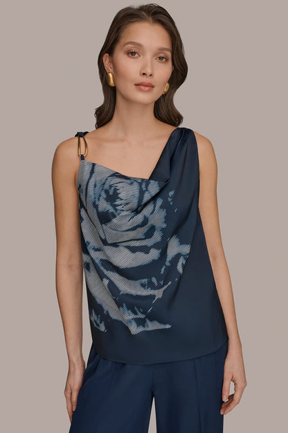 FLORAL COWL-NECK CUTOUT SHOULDER CAMI - Nightfall Multi