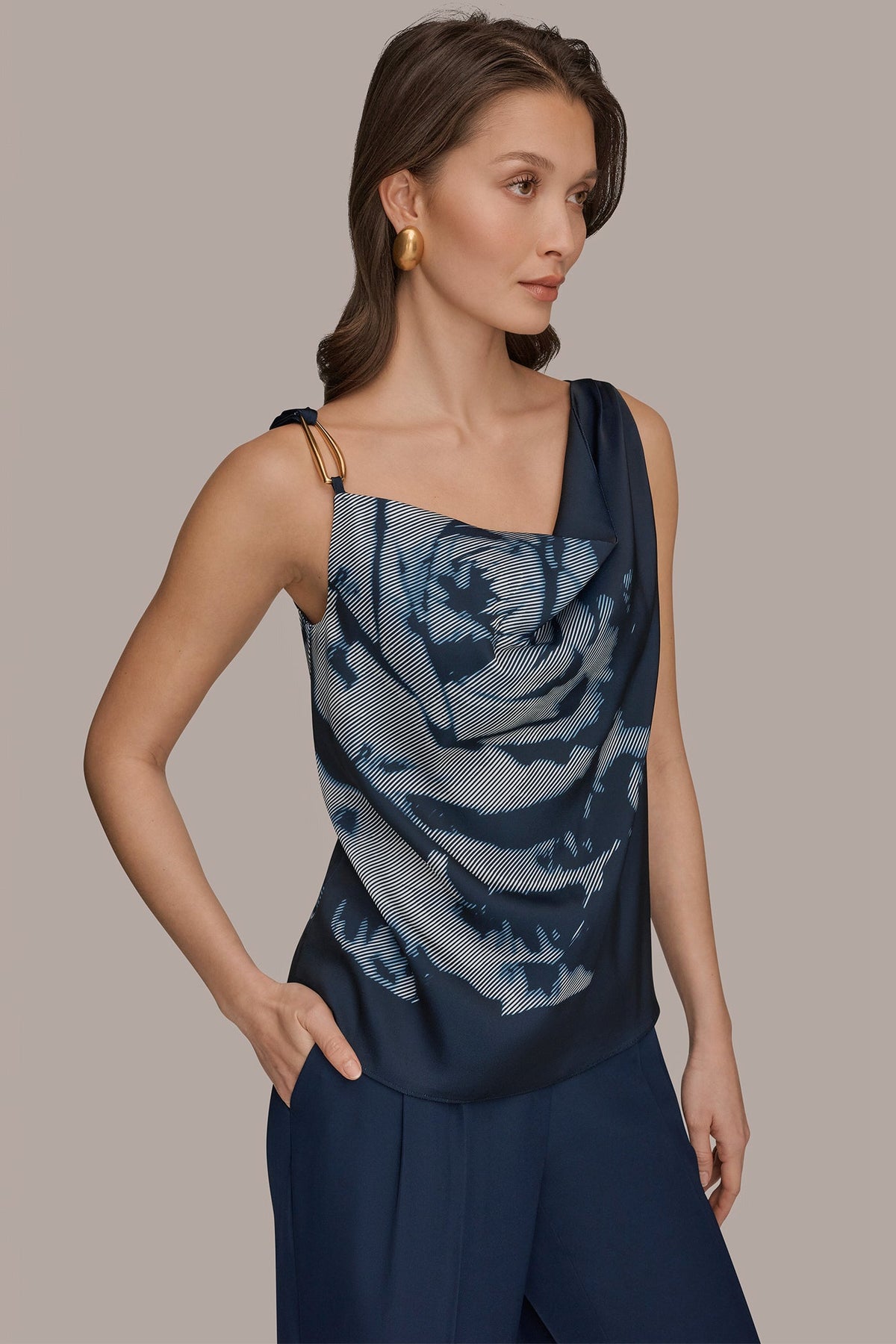 FLORAL COWL-NECK CUTOUT SHOULDER CAMI - Nightfall Multi