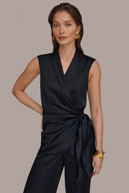PINSTRIPE FAUX WRAP TOP - Navy