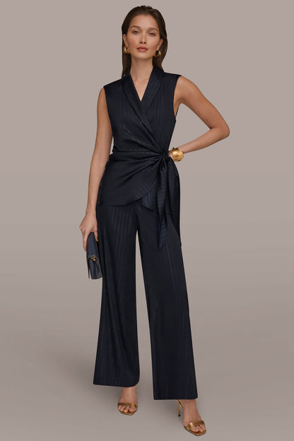 PINSTRIPE FAUX WRAP TOP - Navy