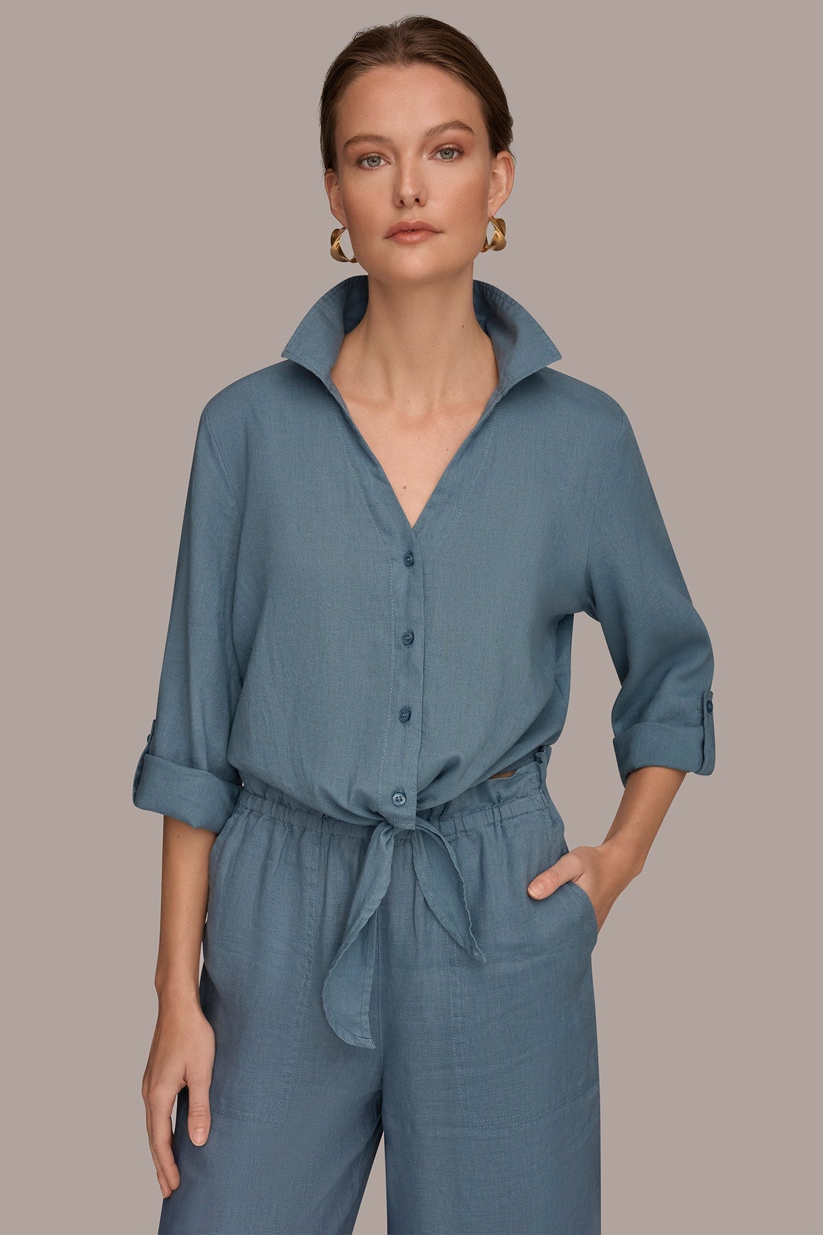 LONG SLEEVE TIE-FRONT BLOUSE - Washed Indigo