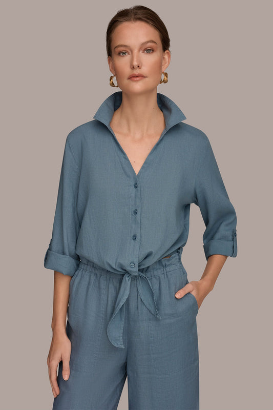 LONG SLEEVE TIE-FRONT BLOUSE - Washed Indigo