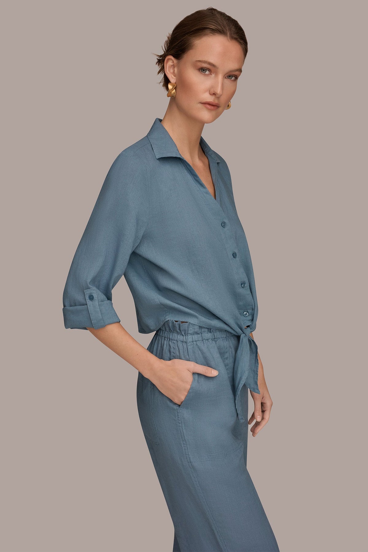 LONG SLEEVE TIE-FRONT BLOUSE - Washed Indigo