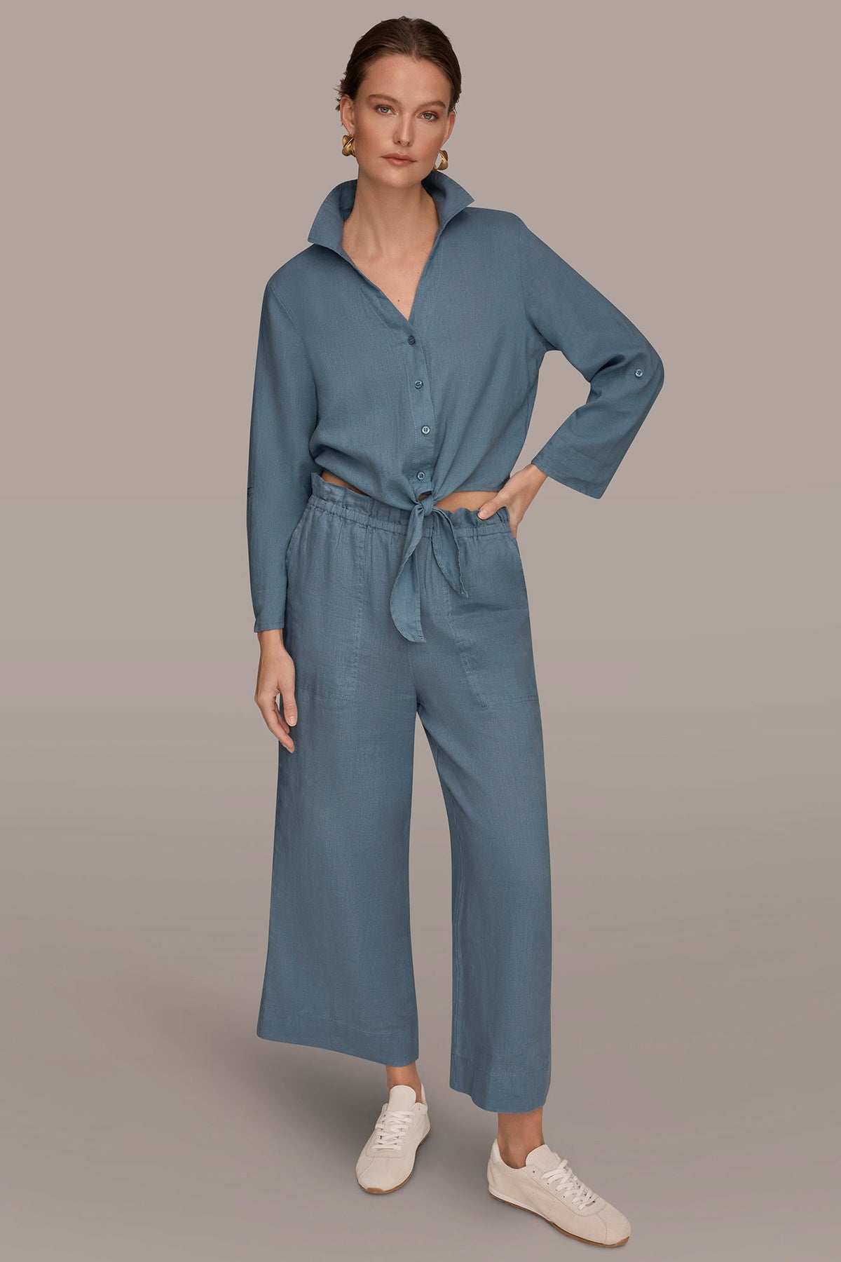 LONG SLEEVE TIE-FRONT BLOUSE - Washed Indigo