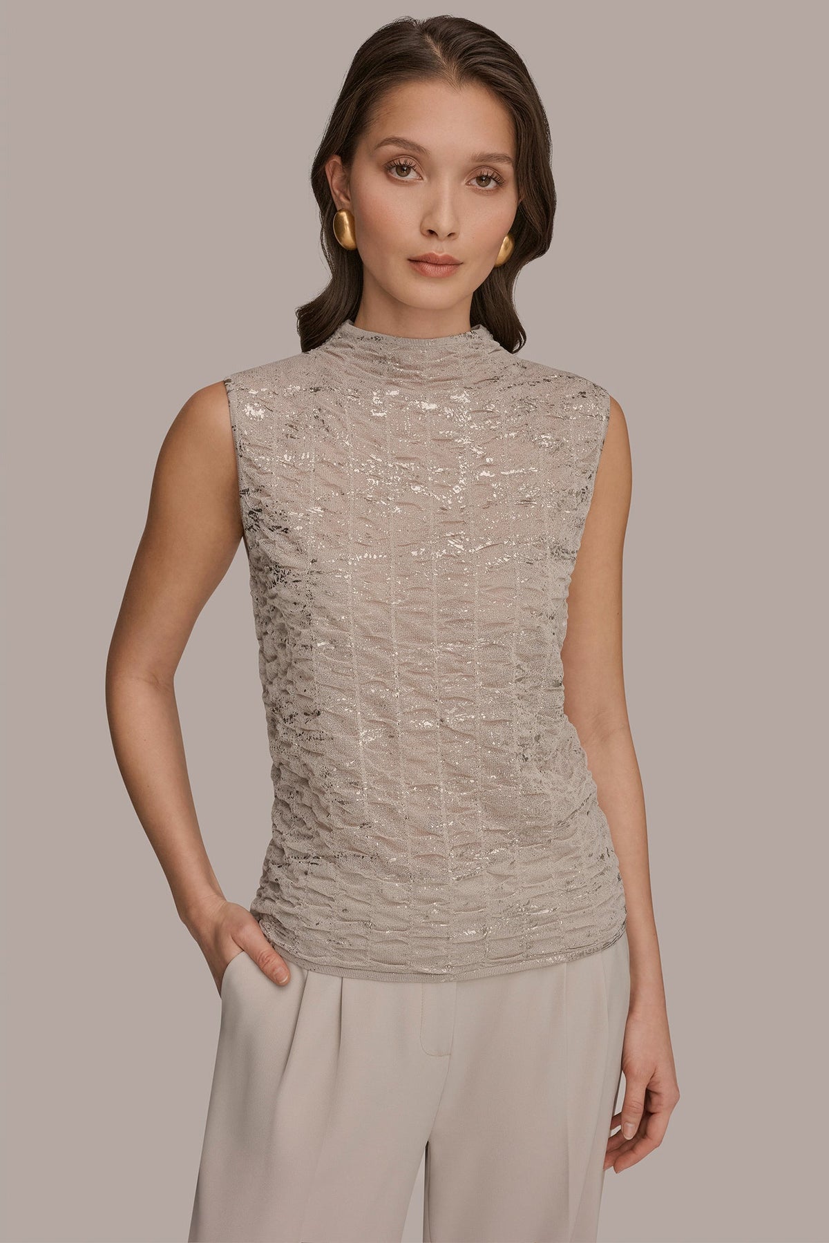 METALLIC RUCHED SWEATER - Tuscan Grey