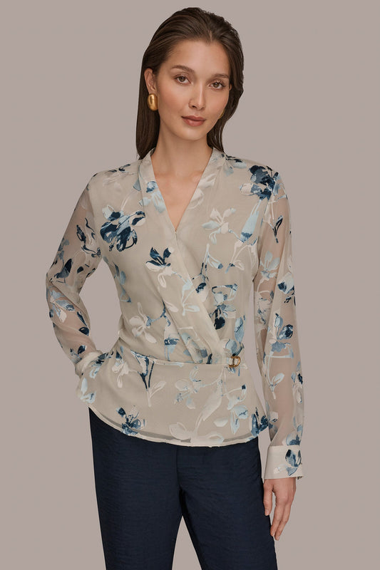 LONG SLEEVE BURNOUT FOIL WRAP BLOUSE - Sea Mist Multi