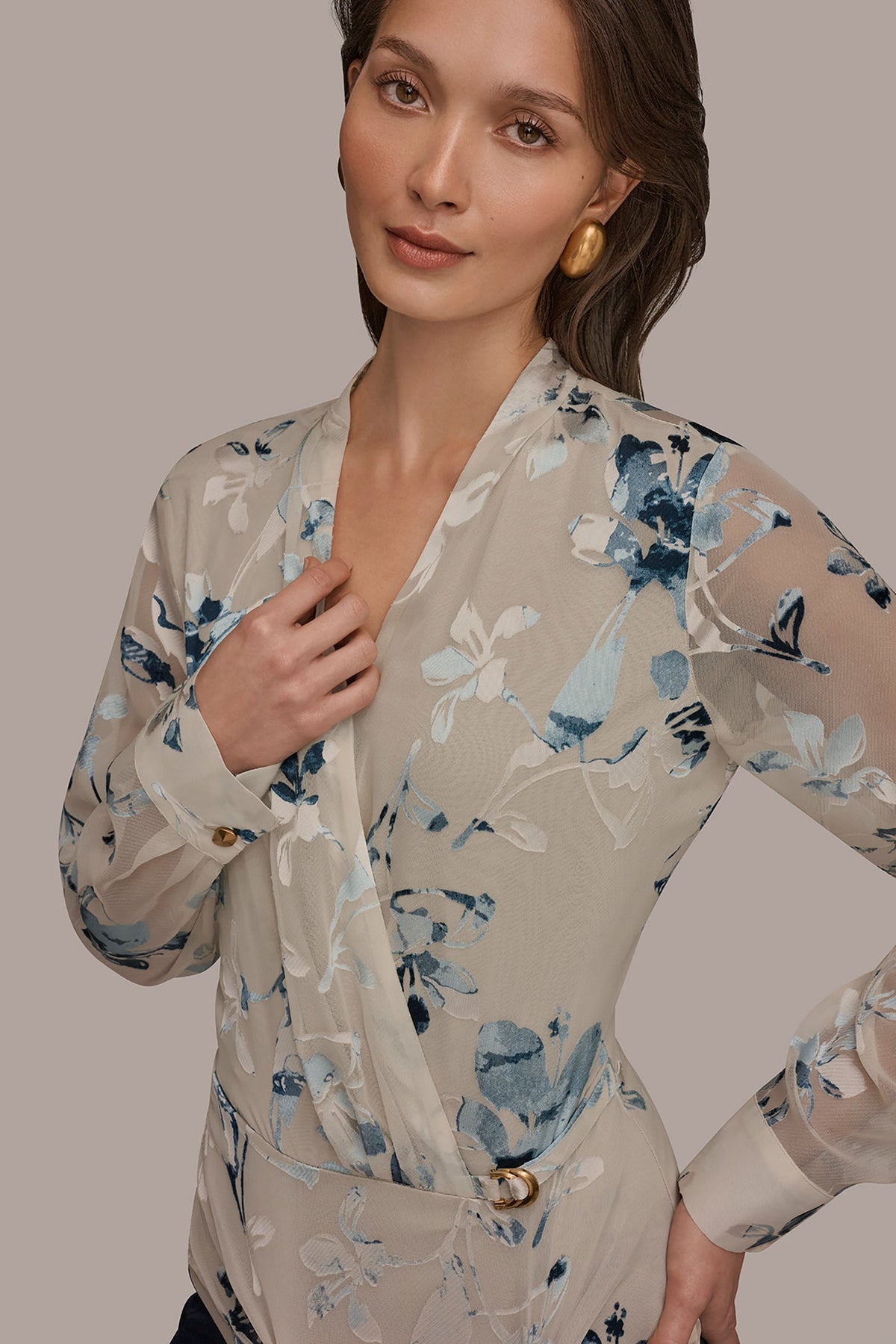 LONG SLEEVE BURNOUT FOIL WRAP BLOUSE - Sea Mist Multi