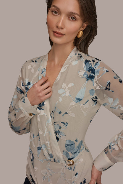 LONG SLEEVE BURNOUT FOIL WRAP BLOUSE - Sea Mist Multi