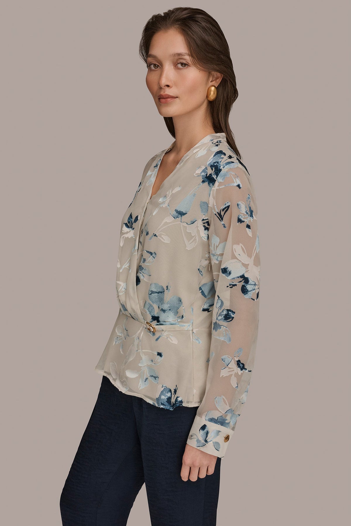 LONG SLEEVE BURNOUT FOIL WRAP BLOUSE - Sea Mist Multi