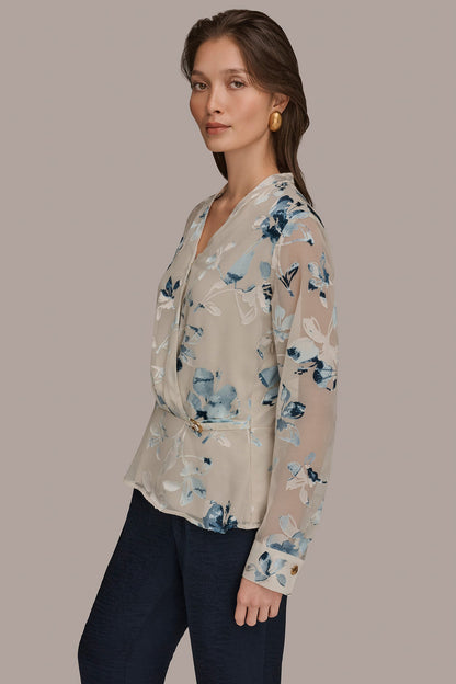 LONG SLEEVE BURNOUT FOIL WRAP BLOUSE - Sea Mist Multi