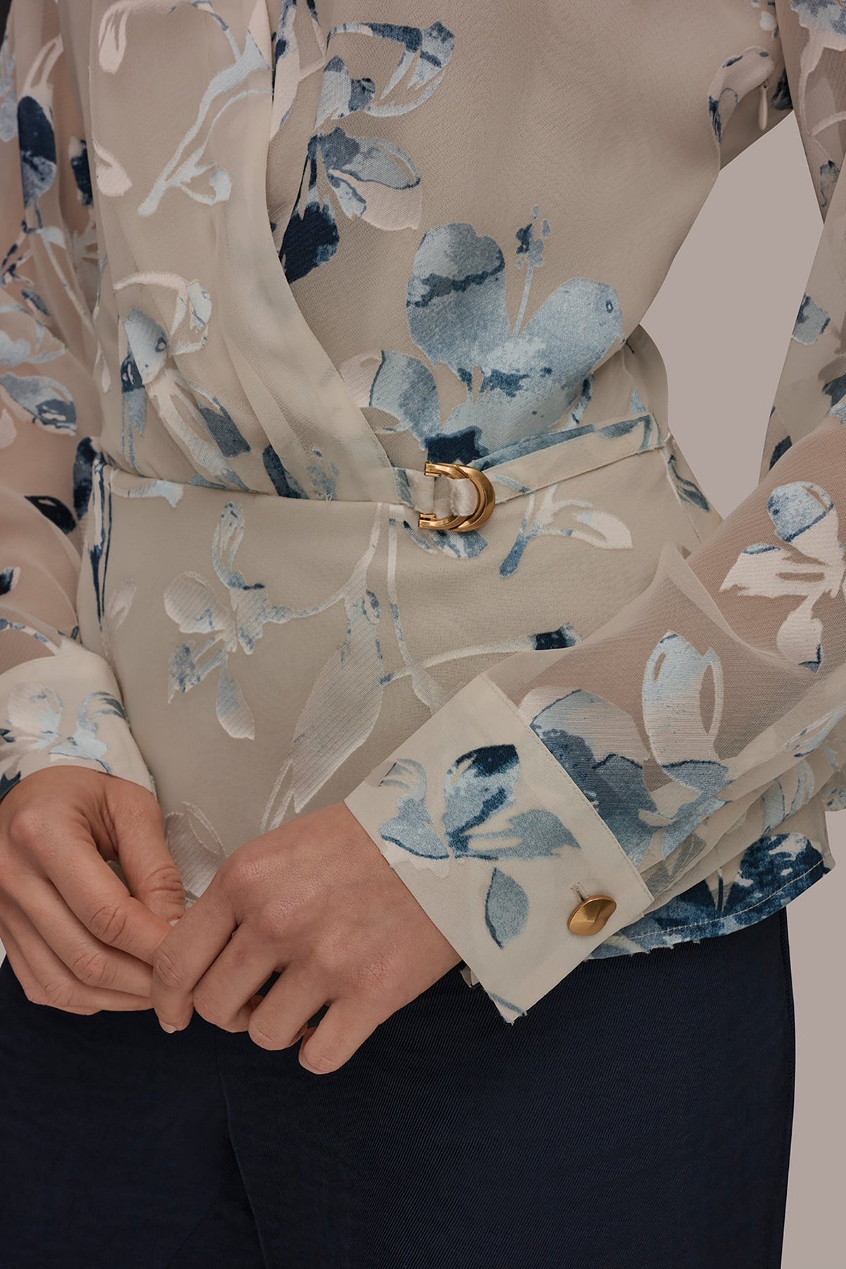 LONG SLEEVE BURNOUT FOIL WRAP BLOUSE - Sea Mist Multi