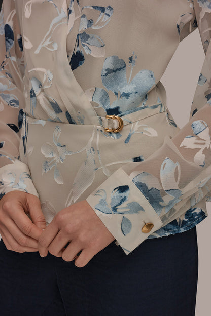 LONG SLEEVE BURNOUT FOIL WRAP BLOUSE - Sea Mist Multi