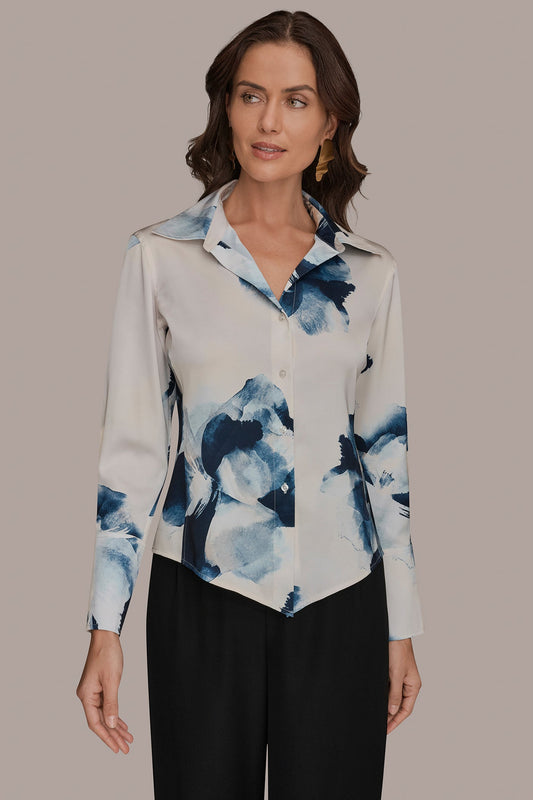 FLORAL HIGH-LOW BLOUSE - Nightfall/Sea Mist