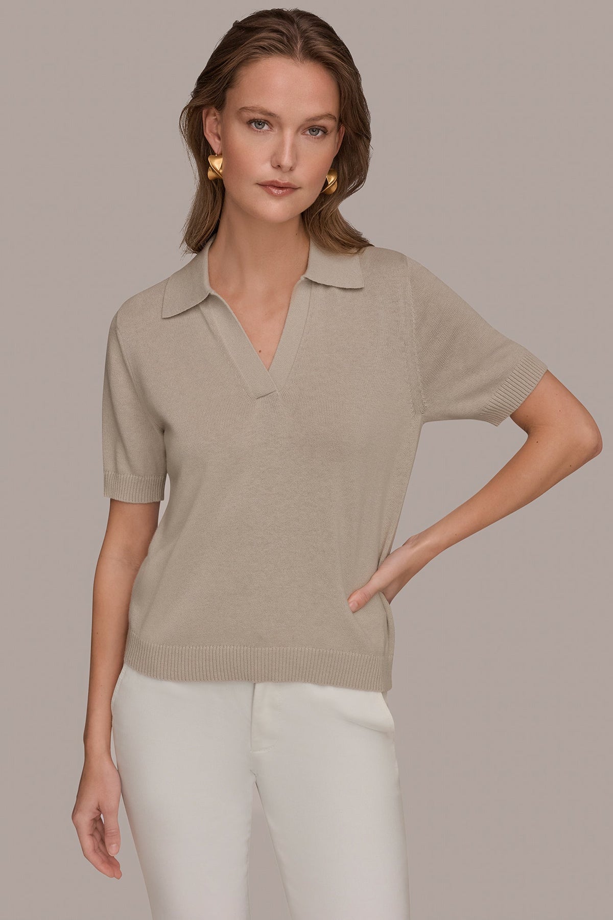 COTTON AND CASHMERE POLO SWEATER - Tuscan Grey